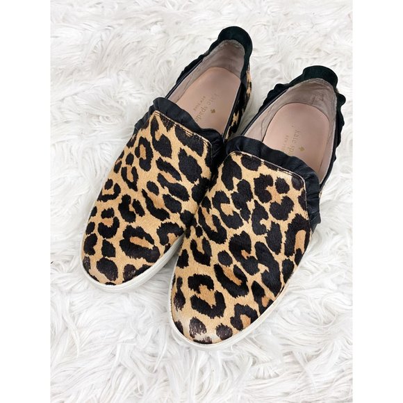 Kate Spade New York Lilly Ruffle Trim Leopard Print Calf Hair Slip on Sneakers - Picture 1 of 7